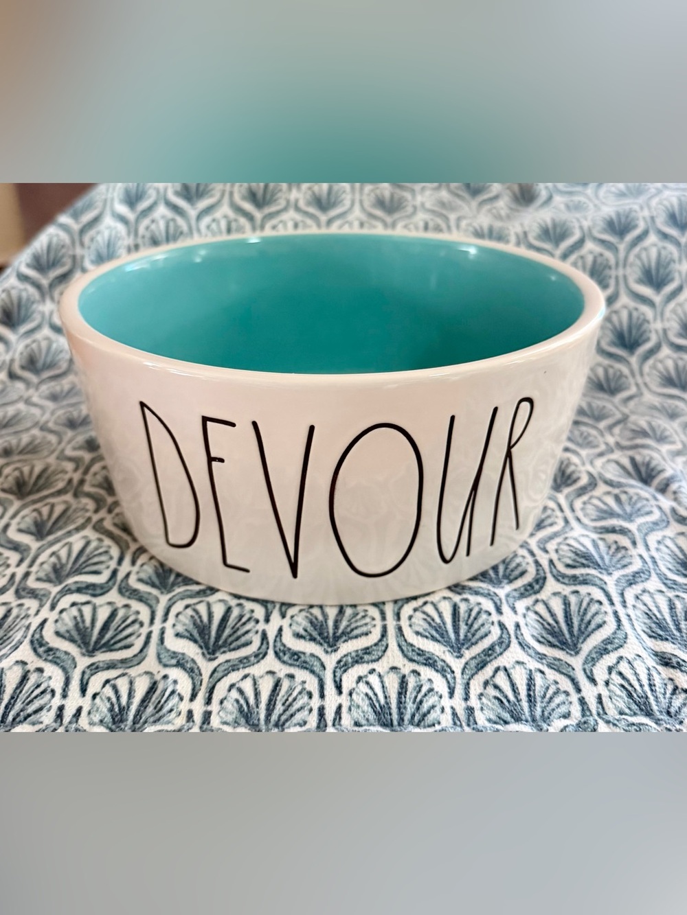 Rae Dunn Artisan Collection Ceramic Pet Bowl “Devour” White & Teal Blue Green
